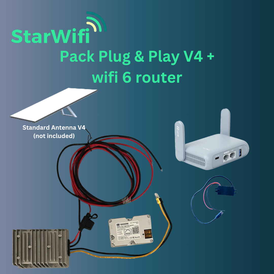Pack StarWifi Plug & Play V4 - Alimentation 12V / 24V compatible Starlink V4 + routeur wifi 6 - StarWifi