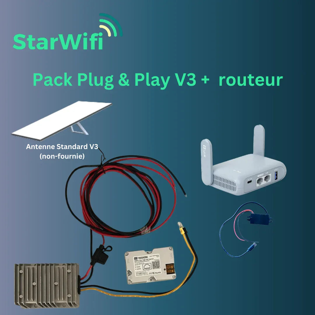 Pack StarWifi Plug & Play V4 - Alimentation 12V / 24V compatible Starlink V4 + routeur wifi - StarWifi