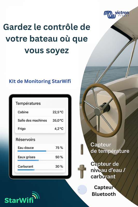 Fiche produit d'un kit de monitoring StarWifi pour gardez le contrôle sur les températures, niveau de cale, niveau de liquide et carburant, et position gps d'un bateau.